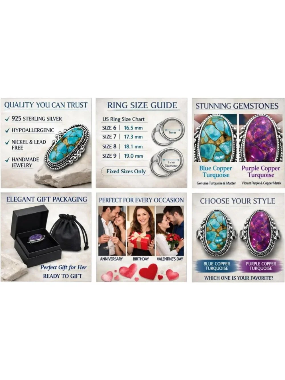 Handmade 925 Sterling Silver Blue Copper Turquoise Ring - Vintage Boho Oval
